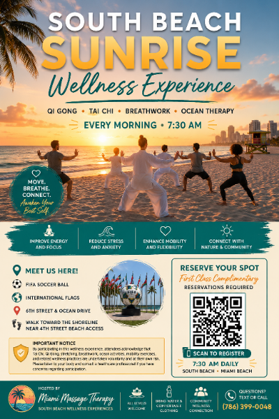 South Beach Sunrise Wellness Experience flyer — Qi Gong, Tai Chi, breathwork, ocean therapy, every morning at 7:30am